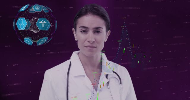 Image of digital interface with blue icons forming spinning globe data processing over female doctor. Global digital medicine science online concept digitally generated image.
