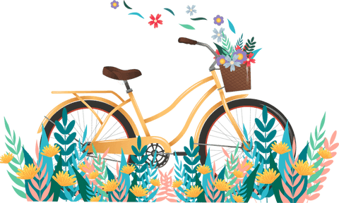Pastel bicycle with basket of blooms on transparent background
