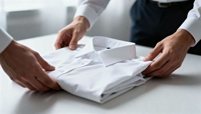 Two men folding white dress shirt on minimal table preparing neat crisp business wardrobe