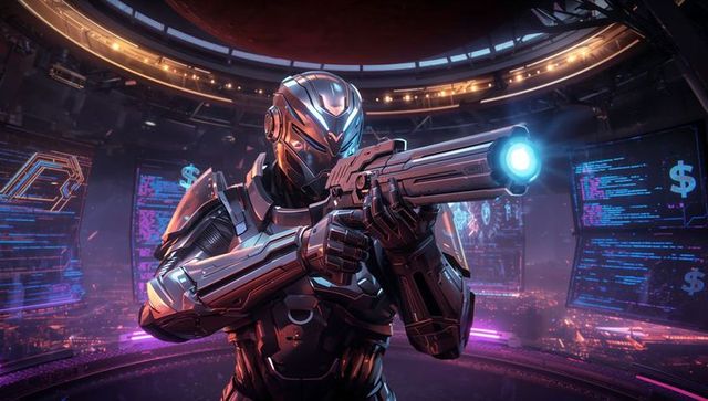 Futuristic Soldier with Energy Rifle in High-Tech Command Center