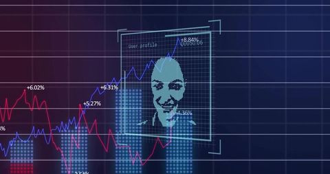 Displaying pixelated user profile overlaying blue and red trend lines on analytics panel