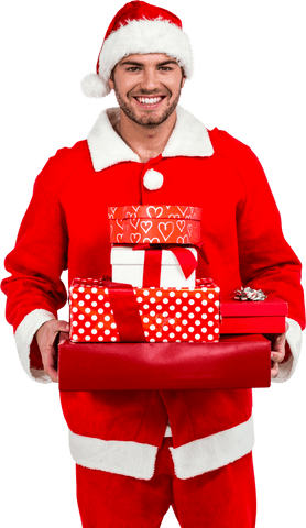 Transparent smiling man in Santa costume holding gifts