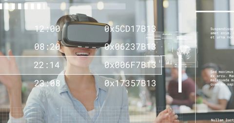 Businesswoman Using VR Headset with Data Graphics