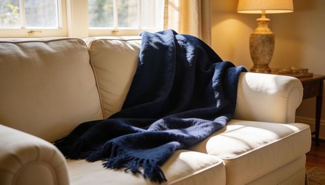 Sunlit navy fringed throw draping over cream sofa for cozy living room decor