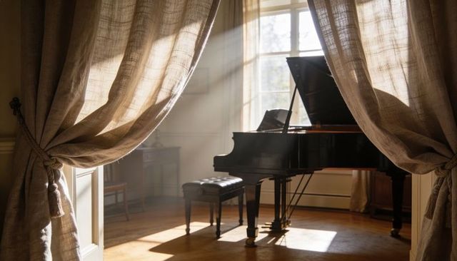 Sunlight streaming through window lighting black grand piano with draped linen curtains