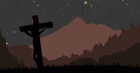 Cross Silhouette with Starry Night and Mountain Backdrop