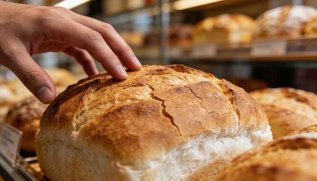 Hand touching crusty artisan loaf in bakery display closeup macro texture warmth