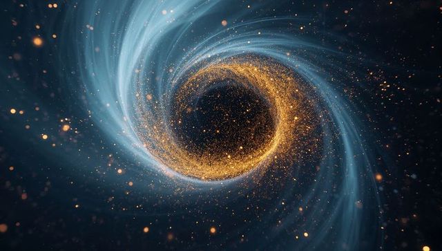 Swirling Black Hole Accretion Disk Pulling Golden Particle Ring and Teal Gas Streams