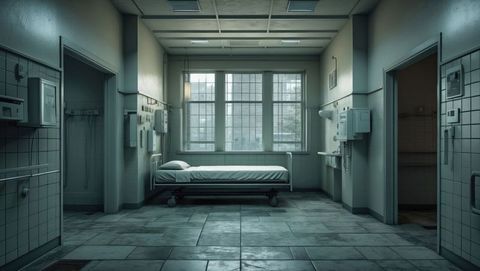 Empty hospital room with cot under sunlit window