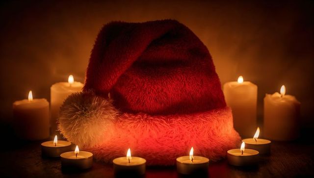 Santa hat resting in candlelight creating warm cozy holiday ambience for seasonal design