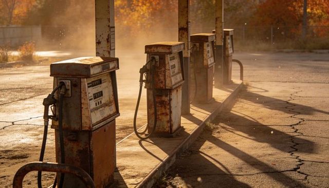 Golden-hour rusted gasoline pumps at abandoned forecourt casting long shadows and dust motes