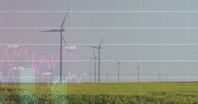 Wind turbines standing in green field, overlaid with financial graphs and growth data, representing the intersection of renewable energy and financial growth. Perfect for illustrating concepts in sustainability, energy investment, environmental finance, and economic growth related to green energy sectors. Can be used in presentations, reports, websites, and marketing materials promoting renewable energy and financial analysis.