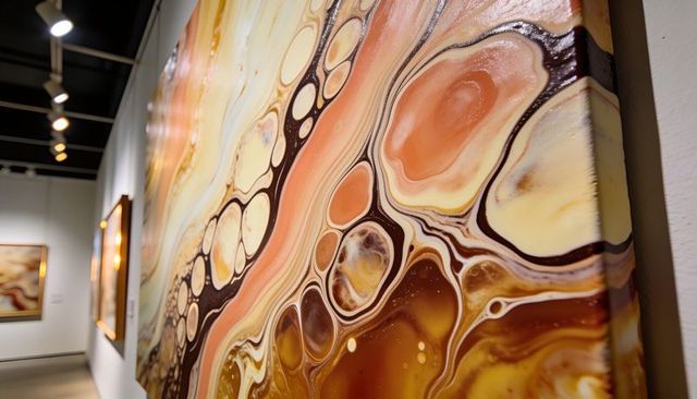 Displaying large fluid-pour canvas with marbled bubbles under gallery track lighting