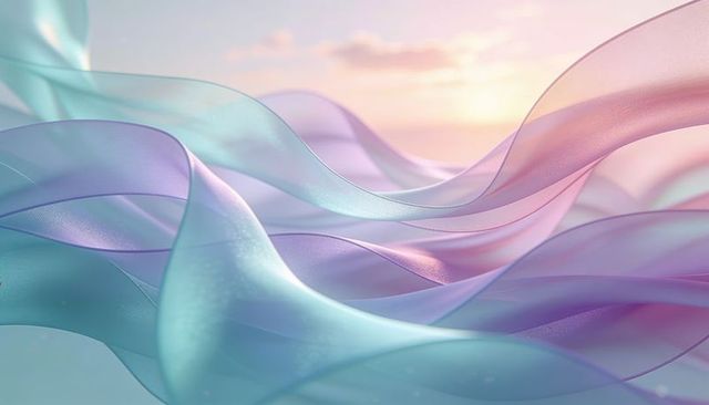 Flowing ethereal pastel silk ribbons undulating across sunrise horizon with iridescent glow