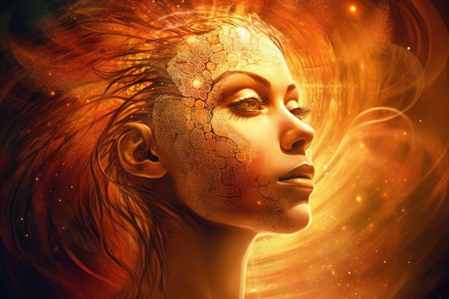 Surreal digital portrait depicting woman with fiery elements, glowing orange hues and sparks surrounding her, creating a fantasy atmosphere. Great for use in fantasy artwork collections, digital art portfolios, creative design projects, and visual elaborations to convey strength, mysticism, and creativity.