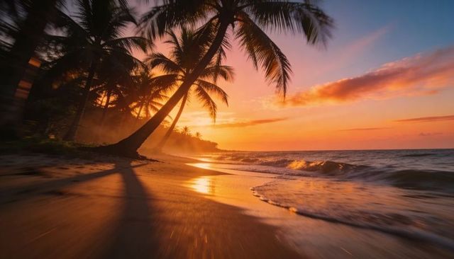 Golden tropical sunset with leaning palm trees casting long shadows on wet sand