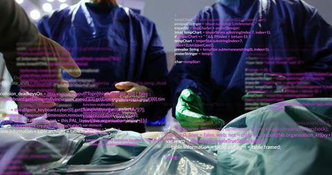 Surgeons Collaborating with Augmented Code Overlay during High-Tech Surgical Procedure