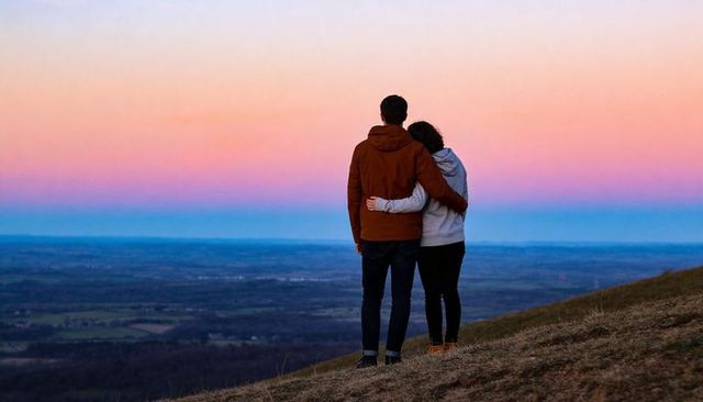 Couple embracing and watching pastel dusk sky from hilltop overlooking wide valley