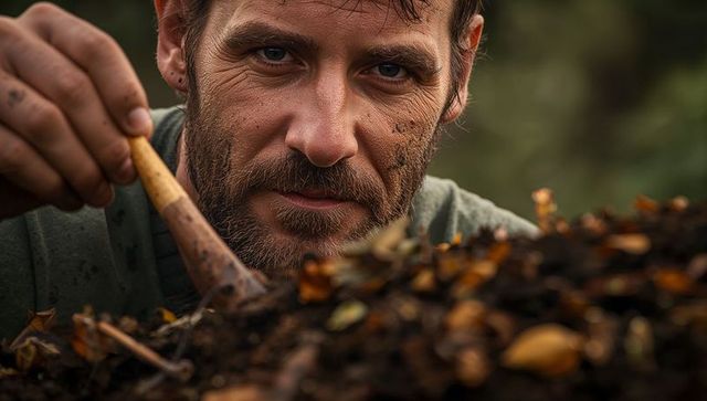 Bearded gardener examining compost with wooden trowel closeup portrait earthy outdoor