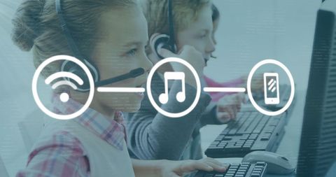 Diverse Children Using Headsets in Digital Communication Office