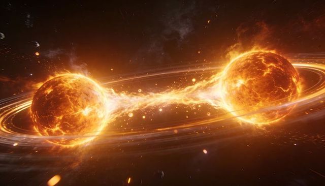 Colliding sun-like stars forming luminous plasma bridge with glowing accretion rings