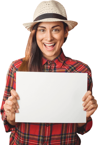 smiling woman wearing hat holding transparent blank sign - Download Free Stock Videos Pikwizard.com