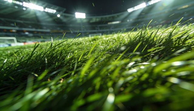 Closeup stadium grass under floodlights at night with dewy blades and blurred goal bokeh