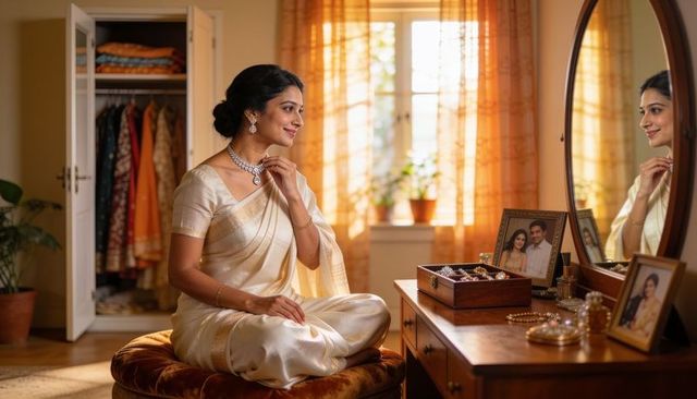 Adjusting necklace while sitting in cream silk saree at sunlit bedroom vanity mirror