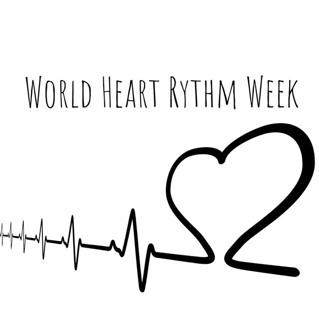 Vector. image of world heart rhythm week text black heart shape and pulse trace on white background. digital composite, healthcare and awareness concept.
