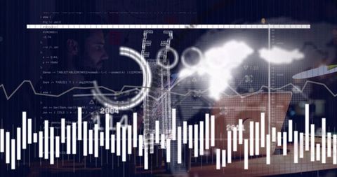 Man analyzing code and data visualization with waveform overlay on laptop workstation