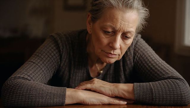 Pensive senior woman leaning on wooden table, gazing downward in warm natural window light
