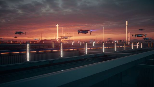 Autonomous Drones Patrolling Futuristic Landscape at Sunset