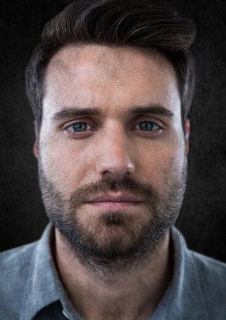 Digital composite of Close up of man's face against black wall
