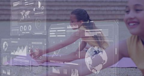 Young Girls Stretching on Field with Digital Information Overlay