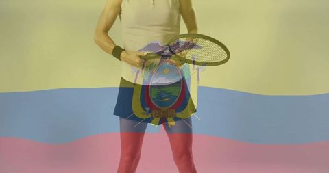Female tennis player posing with ecuador flag overlay in pastel studio for sports branding