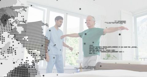 Male caregiver assisting senior with balance exercise in digital rehabilitation room
