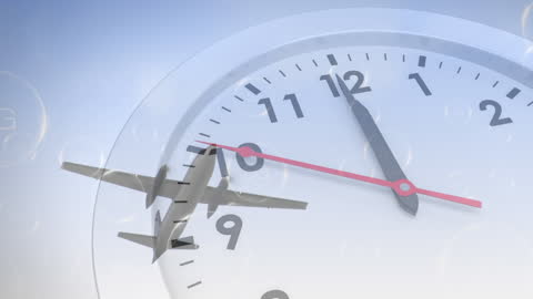 Airplane Overlay on Clock Symbolizing Global Travel and Time Management