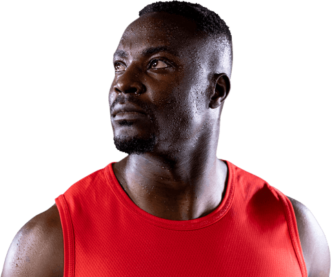 Muscular Athlete in Transparent Red Sportswear Looking Determined