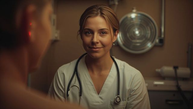 Professional clinician conducting patient consultation in exam room