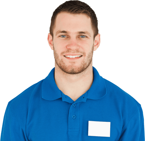 Smiling Young Sales Assistant in Blue Uniform with Transparent Badge