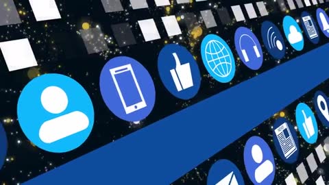 Digital Icons Float on Futuristic Sparkling Background