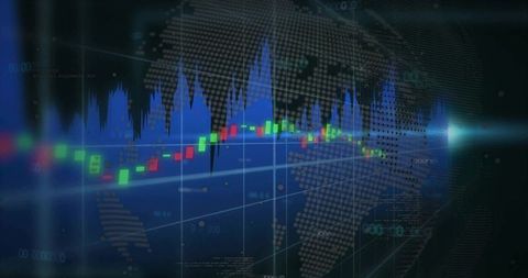 Digital Trading Screen with Candlestick Bars and World Map Overlay