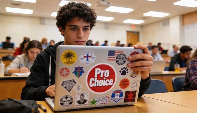 College student typing on laptop with pro choice sticker in lecture hall focused