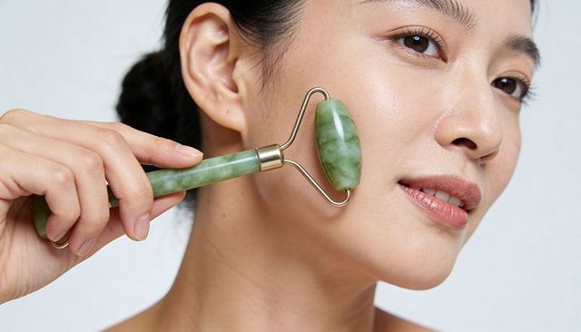 Asian woman massaging face with jade roller for dewy glowing skin