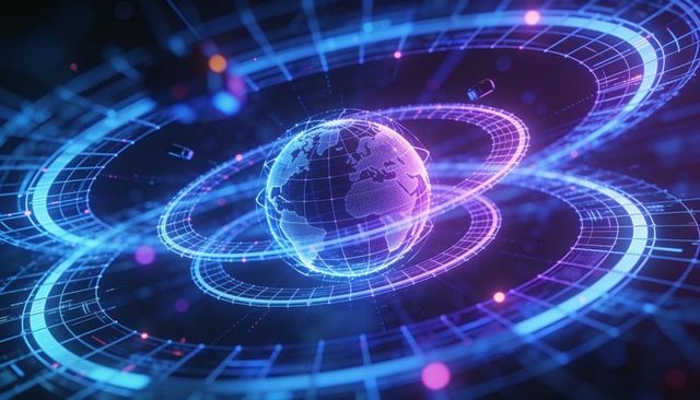 Rotating holographic globe hovering amid neon orbital rings and network visualization