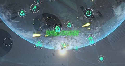 Digital world map with eco-friendly icons and welcome message