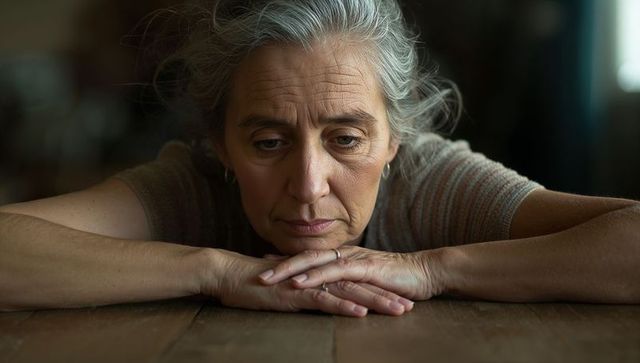 Senior woman resting on folded hands on wooden table, contemplating aging and solitude