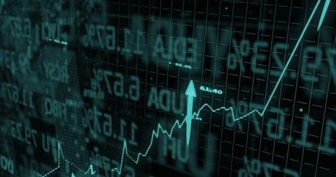 Teal Upward-Trending Financial Chart with Arrow, Digital Tickers and Data Grid Visualization