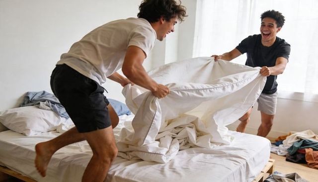 Two roommates play-fighting with duvet on low wooden bed, laughing in sunlit bedroom