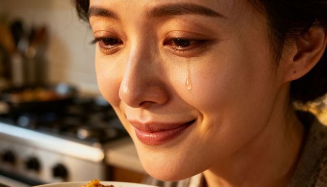 Smiling asian woman holding plate, tear running down cheek in warm kitchen glow